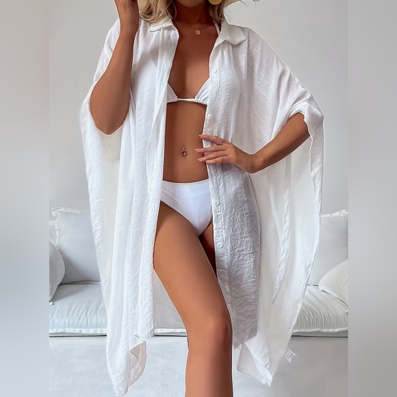 None Other - CHIC Solid White Beach Cover-Up Button Front Lightweight One Size